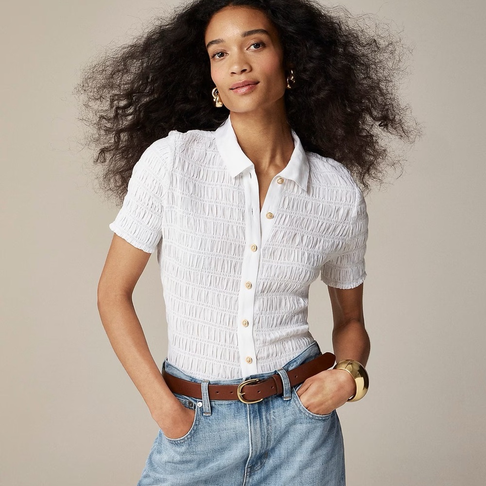 J Crew Caitlin Smocked button up shirt in cotton voile blend size M